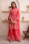 Buy_Surabhi Arya_Red Chanderi, Chiffon Dori, Floral Keyhole Kurta Sharara Set_Online_at_Aza_Fashions