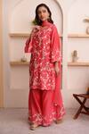 Shop_Surabhi Arya_Red Chanderi, Chiffon Dori, Floral Keyhole Kurta Sharara Set_Online_at_Aza_Fashions