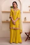 Buy_Surabhi Arya_Yellow Organza, Chanderi Floral, Thread Round Kurta Sharara Set _at_Aza_Fashions