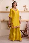Surabhi Arya_Yellow Organza, Chanderi Floral, Thread Round Kurta Sharara Set _Online_at_Aza_Fashions