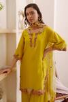 Surabhi Arya_Yellow Organza, Chanderi Floral, Thread Round Kurta Sharara Set _at_Aza_Fashions