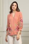 Shop_Ranna Gill_Peach Georgette Floral Embroidered Top_Online_at_Aza_Fashions