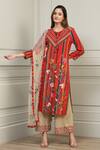 Buy_RANNA GILL_Red Linen Striped Tunic Pant Set_at_Aza_Fashions