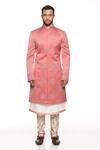 Paresh Lamba Signatures_Peach Cotton Spun, Polyester Silk Floral Embroidered Sherwani Set _Online_at_Aza_Fashions