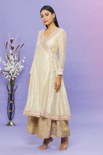 Buy Gold Tissue And Dobby V Neck Angrakha For Women by Ek Katha Online ...