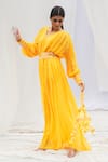 Buy Bharat Adiani Yellow Georgette Mirror V Neck Tie Dye Puffed Sleeve Gown at Aza Fashions Buy_Bharat Adiani_Yellow Georgette Mirror V Neck Tie Dye Puffed Sleeve Gown _at_Aza_Fashions