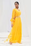 Shop Bharat Adiani Yellow Georgette Mirror V Neck Tie Dye Puffed Sleeve Gown at Aza Fashions Shop_Bharat Adiani_Yellow Georgette Mirror V Neck Tie Dye Puffed Sleeve Gown _at_Aza_Fashions