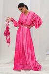 Shop Bharat Adiani Pink Georgette Mirror V Neck Tie Dye Puffed Sleeve Gown at Aza Fashions Shop_Bharat Adiani_Pink Georgette Mirror V Neck Tie Dye Puffed Sleeve Gown _at_Aza_Fashions