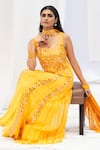 Bharat Adiani_Yellow Georgette Tie And Dye Mirror Square Neck Embroidered Anarkali With Dupatta _Online_at_Aza_Fashions