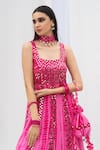 Bharat Adiani_Pink Georgette Tie And Dye Mirror Square Neck Embroidered Anarkali With Dupatta _Online_at_Aza_Fashions