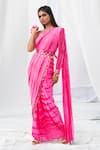 Shop_Bharat Adiani_Pink Georgette Tie And Dye Mirror Asymmetric One Shoulder Saree Gown _at_Aza_Fashions