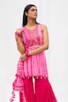 Bharat Adiani_Pink Georgette Tie And Dye Mirror Notched Embroidered Kurta & Gharara Set_Online_at_Aza_Fashions