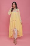 Buy_Seams Pret And Couture_Yellow Crepe Embroidery Aari V Neck Anamika Kurta And Dhoti Pant Set _at_Aza_Fashions