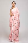 Anita Kanwal_Pink Cotton Linen Printed Flamingo Saree _Online_at_Aza_Fashions