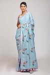 Anita Kanwal_Blue Cotton Linen Printed Flamingo Saree _Online_at_Aza_Fashions