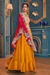 Stotram_Yellow Blouse- Cotton Lycra Embroidery Zardozi Open Cape Lehenga Set _Online_at_Aza_Fashions