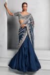 Buy_Stotram_Blue Skirt- Satin Organza Embellished Sequin Leaf Lehenga Saree With Blouse _at_Aza_Fashions