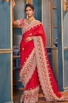 Buy_Stotram_Fuchsia Saree-organza Embroidery Zardozi Leaf Neck Resham Saree With Blouse _at_Aza_Fashions