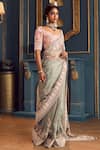 Stotram_Blue Saree-organza Embroidery Zardozi Round Floral Saree With Blouse _Online_at_Aza_Fashions