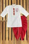 Shop_APRICOTKIDS_White , Satin Embroidery Mandarin Collar Kurta And Dhoti Pant Set _at_Aza_Fashions