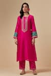 Buy_Anantaa by Roohi_Fuchsia Silk Chanderi Embroidered Floral Round Kurta _at_Aza_Fashions