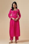 Buy_Anantaa by Roohi_Fuchsia Silk Chanderi Embroidered Floral Round Gathered Kurta _at_Aza_Fashions