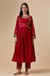 Buy_Anantaa by Roohi_Red Silk Chanderi Embroidered Floral Round Gathered Kurta _at_Aza_Fashions