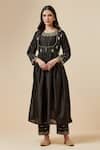 Buy_Anantaa By Roohi_Black Silk Chanderi Floral Round Gathered Kurta _at_Aza_Fashions