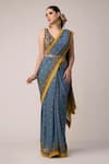 Buy_Joy Mitra_Grey Saree Georgette Embroidered Ajrakh V Neck Print With Blouse_at_Aza_Fashions