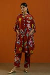 Label Earthen_Maroon Habutai Silk Floral Motifs Laal Phool Printed Kimono Kurta And Pant Set _Online_at_Aza_Fashions
