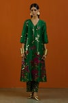 Buy_Label Earthen_Green Chiniya Silk Printed Floral And Sequin Work V Haritsundari Kurta & Pant Set _at_Aza_Fashions