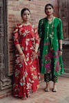 Shop_Label Earthen_Green Chiniya Silk Printed Floral And Sequin Work V Haritsundari Kurta & Pant Set _at_Aza_Fashions