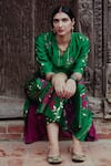 Label Earthen_Green Chiniya Silk Printed Floral And Sequin Work V Haritsundari Kurta & Pant Set _Online_at_Aza_Fashions