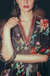 Shop_Label Earthen_Black Habutai Silk Floral Motifs V Neck Surmai Printed Kaftan _Online_at_Aza_Fashions