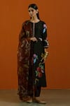 Label Earthen_Black Chiniya Silk Floral Motifs Round Surmai Embroidered Kurta Set _Online_at_Aza_Fashions