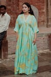 Buy Label Earthen Sky Blue Habutai Silk Floral Motifs V Neck Aasmaani Jaal Kaftan at Aza Fashions Buy_Label Earthen_Sky Blue Habutai Silk Floral Motifs V Neck Aasmaani Jaal Kaftan _at_Aza_Fashions