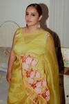 Shop_Label Earthen_Yellow Handwoven Organza Silk Printed Rose Champai Gulab Saree With Blouse _at_Aza_Fashions