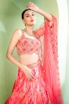 Shop_Laxmishriali_Coral Lehenga And Blouse Dupion Dupatta Net Print & Embroidery Sequin Scoop Set _at_Aza_Fashions