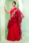 Buy_Laxmishriali_Red Blouse Dupion Silk, Saree Organza Geometric Pre-draped Ruffle With _at_Aza_Fashions