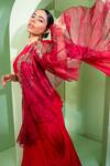 Shop_Laxmishriali_Red Blouse Dupion Silk, Saree Organza Geometric Pre-draped Ruffle With _at_Aza_Fashions
