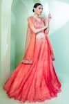 Buy_Laxmishriali_Coral Organza Print And Embroidery V Neck Cape Lehenga Set _at_Aza_Fashions