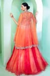 Shop_Laxmishriali_Coral Organza Print And Embroidery V Neck Cape Lehenga Set _at_Aza_Fashions