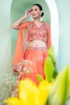 Laxmishriali_Coral Organza Print And Embroidery V Neck Cape Lehenga Set _Online_at_Aza_Fashions