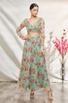 Buy_Samyukta Singhania_Green Chiffon Printed Floral Surplice Neck Skirt Set _at_Aza_Fashions