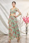 Buy_Samyukta Singhania_Green Chiffon Printed Floral Surplice Neck Skirt Set _Online_at_Aza_Fashions