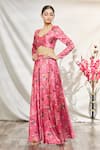 Buy_Samyukta Singhania_Pink Satin Printed Floral V Neck Lehenga Set _at_Aza_Fashions