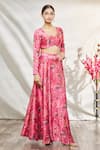 Samyukta Singhania_Pink Satin Printed Floral V Neck Lehenga Set _Online_at_Aza_Fashions