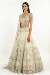 Abhinav Mishra_Ivory Net Mirror, Resham V Neck Floral Embroidered Bridal Lehenga Set_Online_at_Aza_Fashions