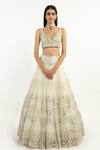 Abhinav Mishra_Ivory Net Mirror, Resham V Neck Floral Embroidered Bridal Lehenga Set_at_Aza_Fashions