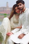 Shop_Abhinav Mishra_Ivory Kurta And Sharara Chanderi Embroidered Resham Leaf Neck Set _at_Aza_Fashions